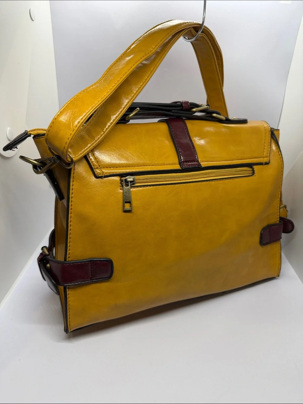 Yellow and Burgundy Leather Satchel with Woven Brown Accent